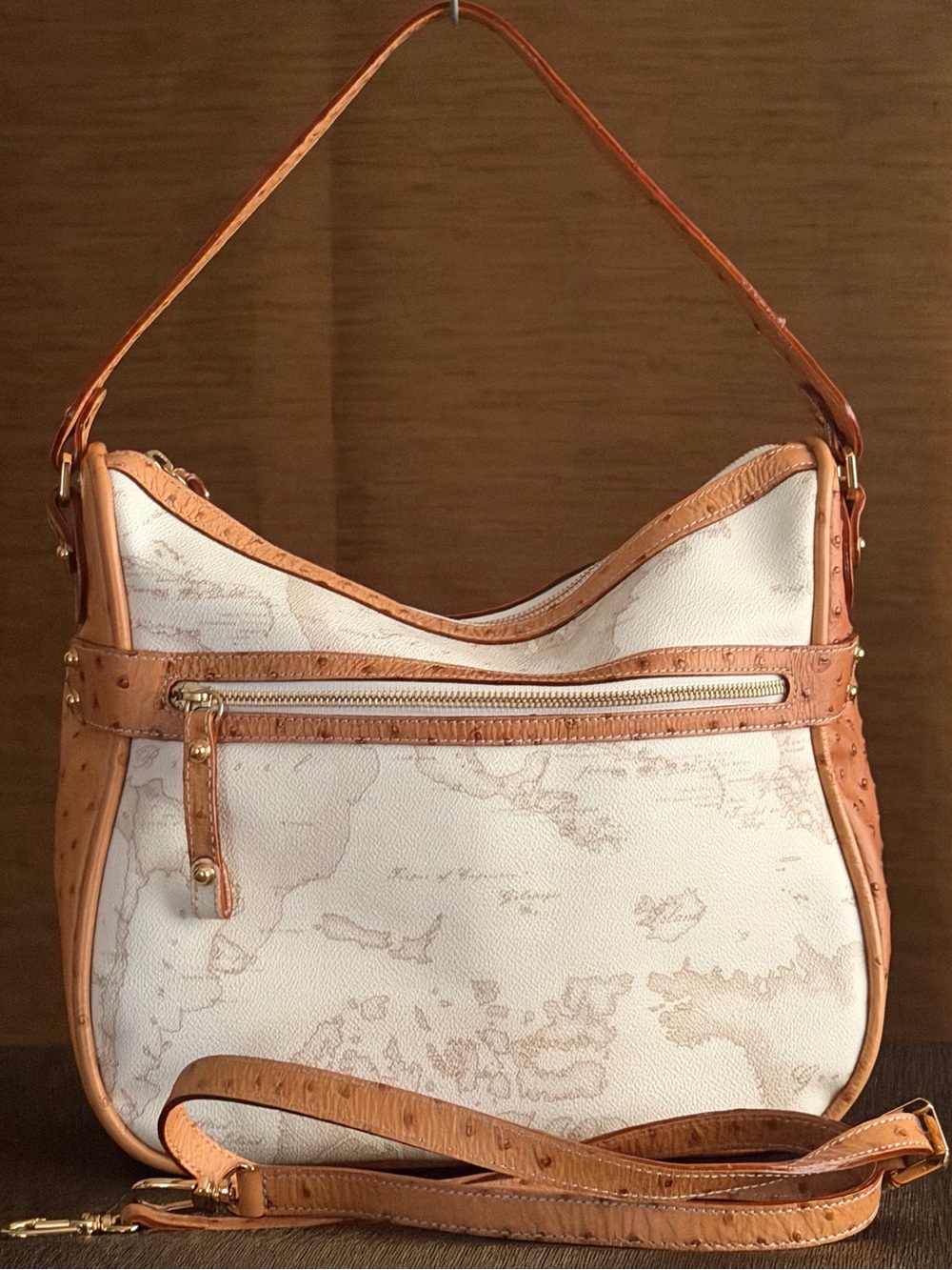 Alviero Martini 1a Classe Geo White Hobo Shoulder Bag Ostrich Trim Map Print